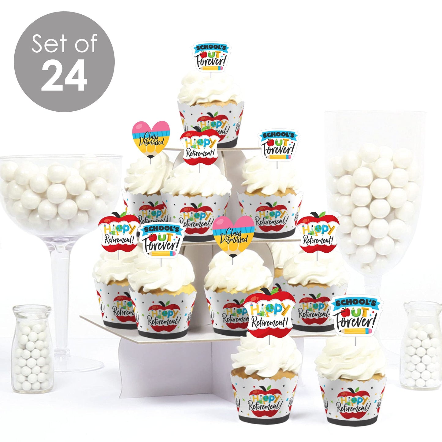 Big Dot of Happiness Teacher Retirement - Cupcake Decoration - Happy Retirement Party Cupcake Wrappers and Treat Picks Kit - Set of 24