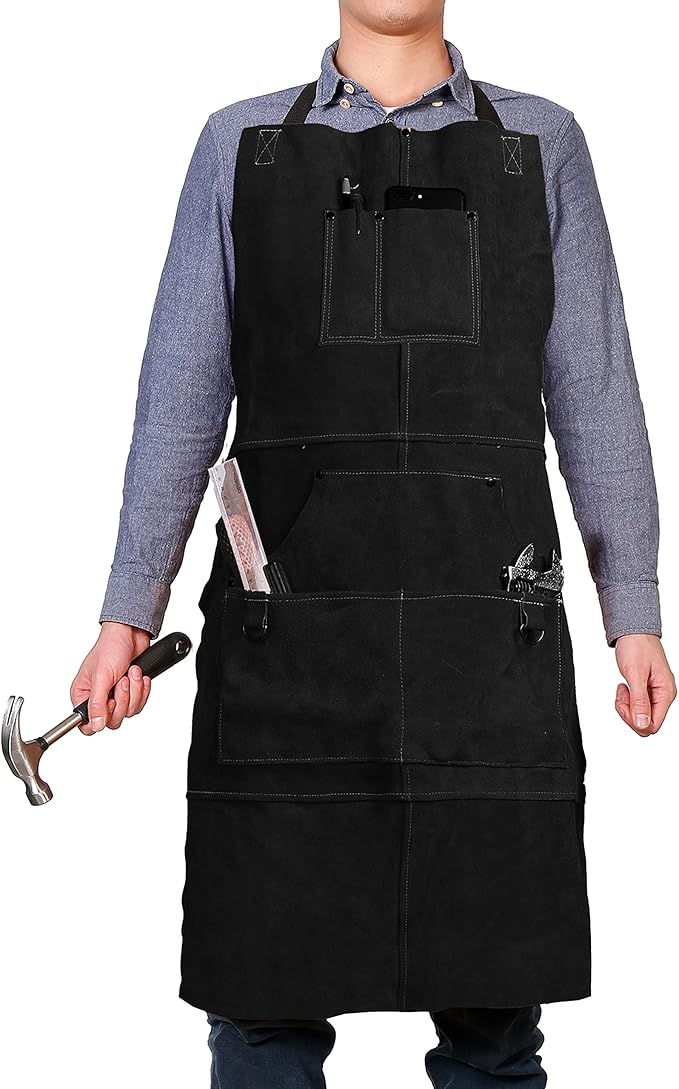 QeeLink Leather Welding Work Apron with 6 Tool Pockets, Heat & Flame Resistant Welder Aprons, 24" x 36", Adjustable M to XXXL