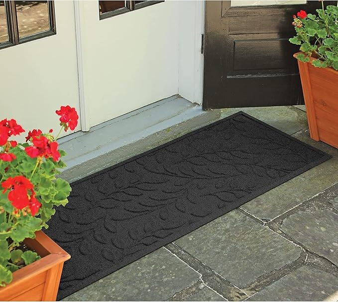 WaterHog Welcome Mat for Indoor/Outdoor, 2’ x 5’, Made in USA, Durable & Water-Resistant, Dirt Trapping Mat, Decorative Front Door and Entryway Rug, Brittney Leaf Design, Charcoal