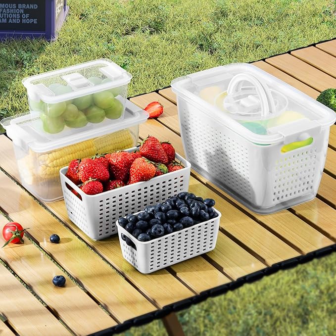 LUXEAR Produce containers for fridge,3 Set Fruit Containers with Removable Colander, BPA-Free Produce Saver Containers with Lids Dishwasher&Microwave Safe Keep Fruits, Vegetables, Berry, Fresh Longer
