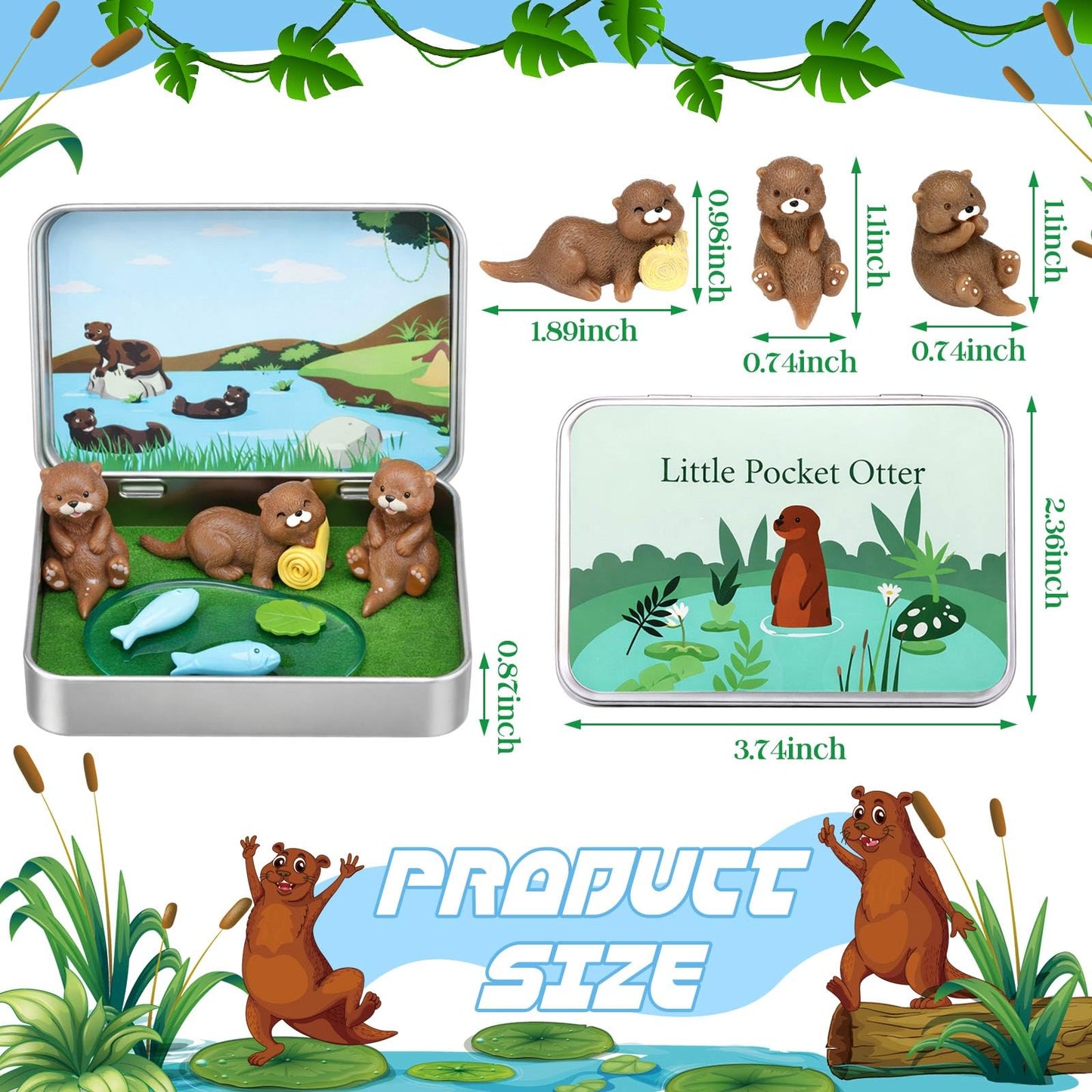 Lewtemi 6 Set Pocket Otter DIY Miniature Landscape Kit 3 Cute Otter Figurines Portable Tin Box Travel Companion Ideal Gift for Animals Lovers Friends Coworkers Nature Fans Desk Decor