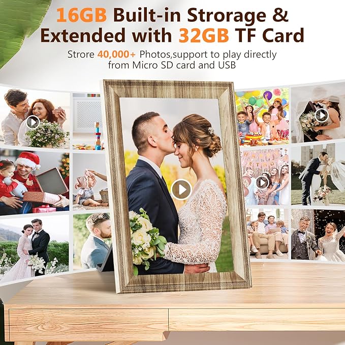 Digital Picture Frame WiFi Send Photos from anywhere16GB Storage Smooth System 10.1inch 1280x800 IPS Touch Screen Wood Light Color