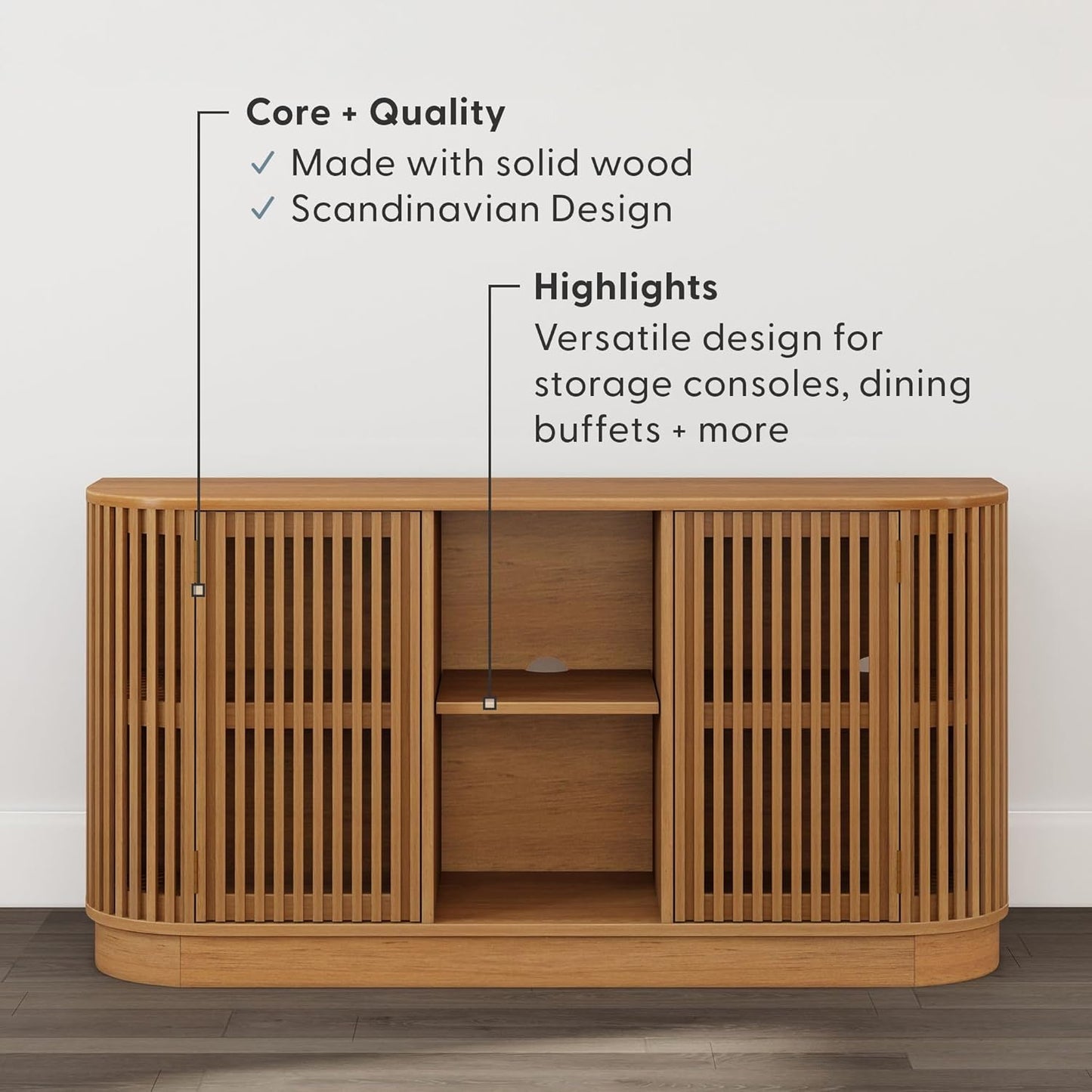 Plank+Beam Contour Wood TV Stand, Two Door Solid Wood Entertainment Console with Storage, 59" L x 16" W x 30" H, Pecan