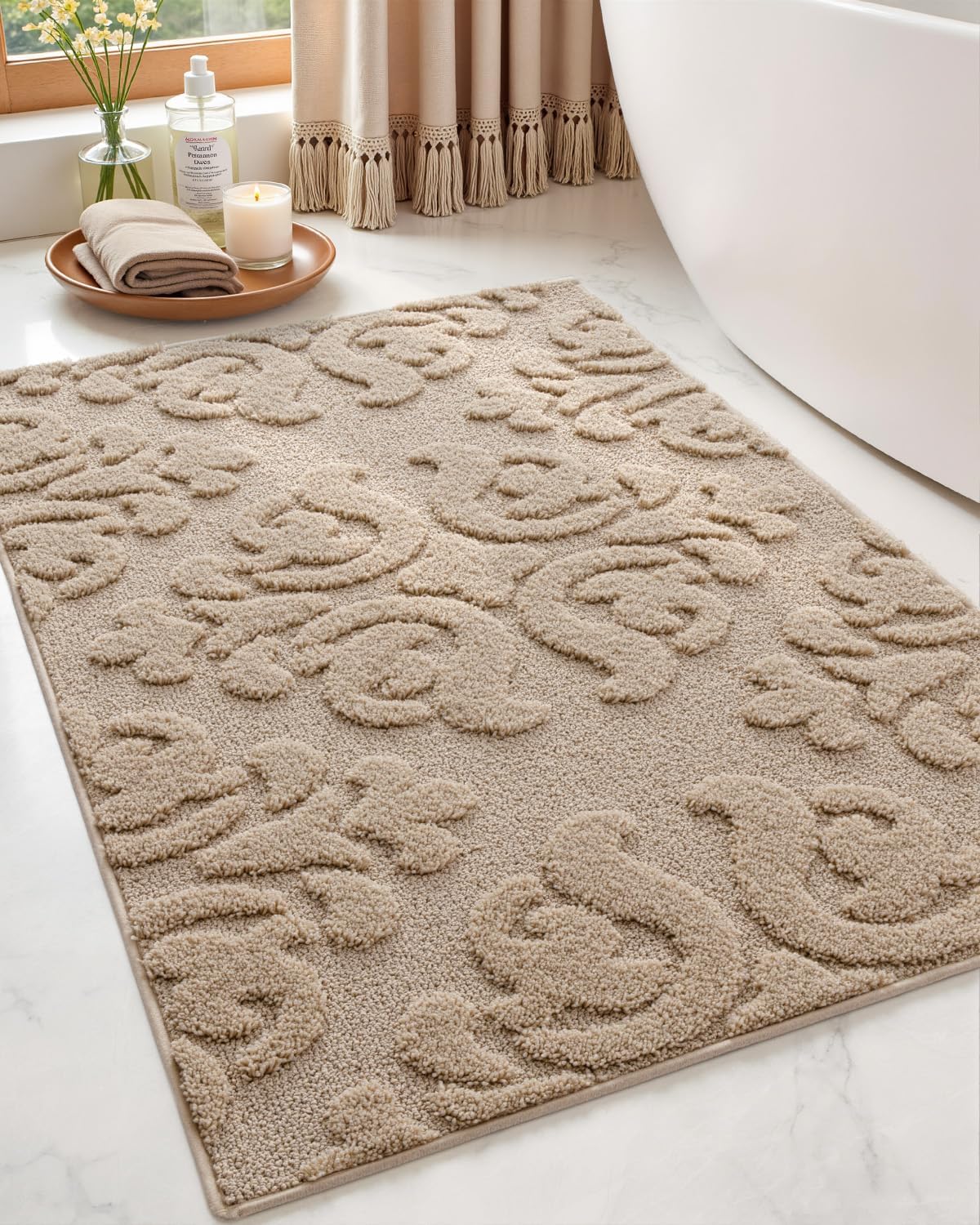DEXI Bathroom Rug 24x36, Non Slip Washable Bath Mat for Shower Floor, Absorbent Soft Bathmat with Rubber Backing, Plush Fluffy Microfiber Floral Retro Carpet, Beige