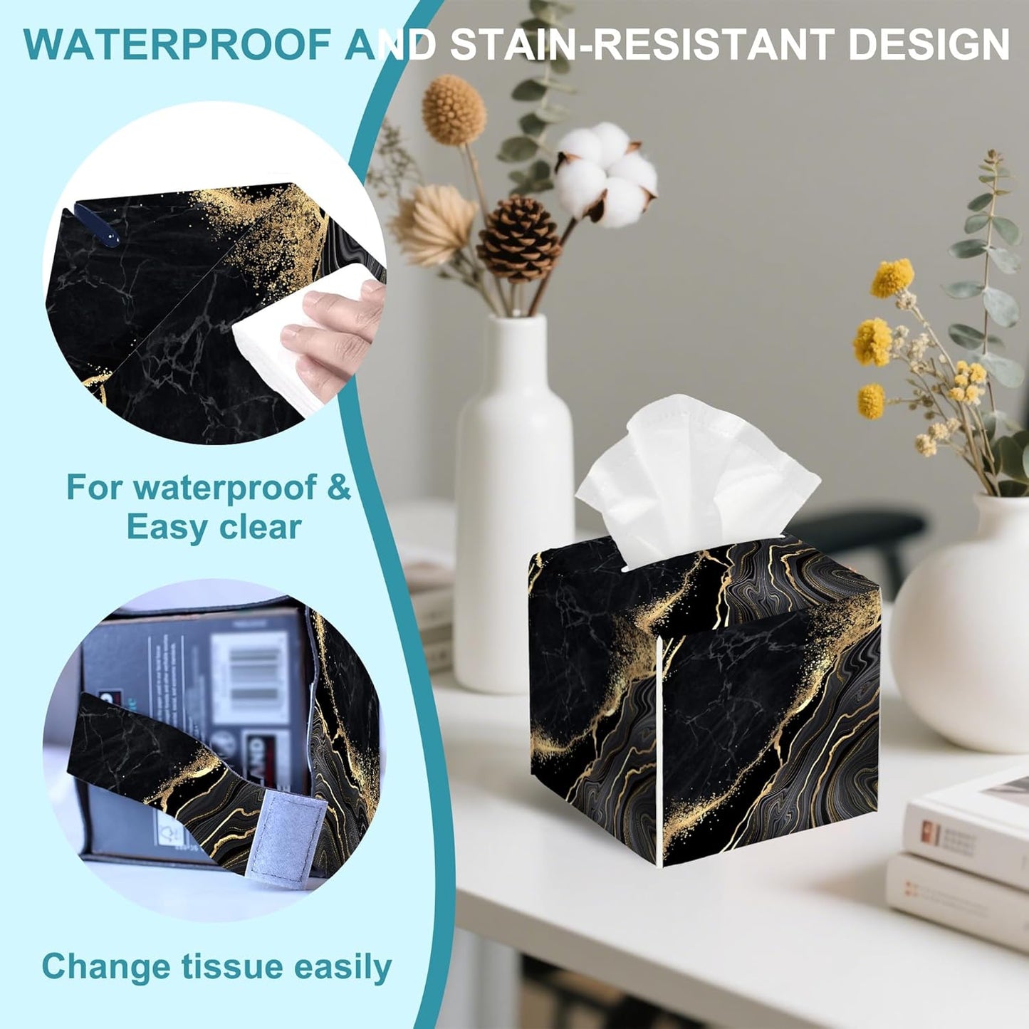 Black Golden Marble Tissue Box Cover Square,Leather Tissue Holder with Bottom Belt,Waterproof Facial Paper Organizer Tissue Box Cover for Home Office Bathroom Vanity Countertop,5.2" x 5.2" x 5.2"