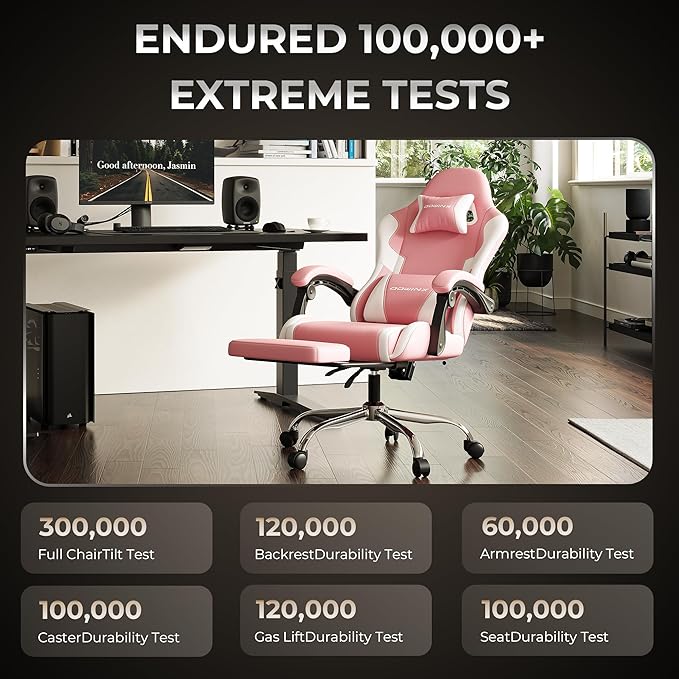 Ergonomic Gaming Chair with Footrest, Heavy Duty 330lbs Office Chair, Massage Lumbar Support, Adjustable Height & Headrest Pillow, Comfortable for Back Pain Relief, Streaming, Long Gaming, Rose
