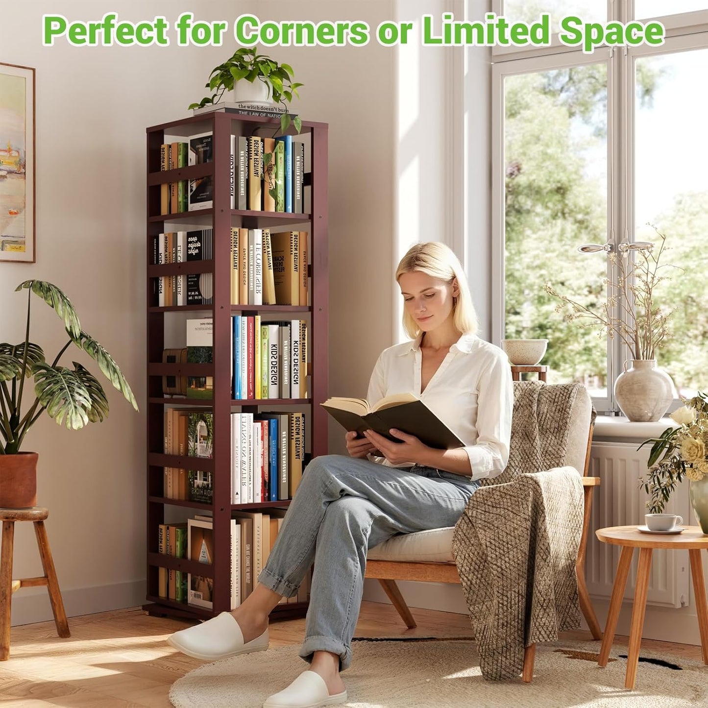 Homykic Rotating Bookshelf, Bamboo 360 Display Spinning Bookshelf Tower, 5-Tier Small Corner Bookcase for Small Spaces, Narrow Revolving Book Shelf Organizer Rack for Home Office, Espresso