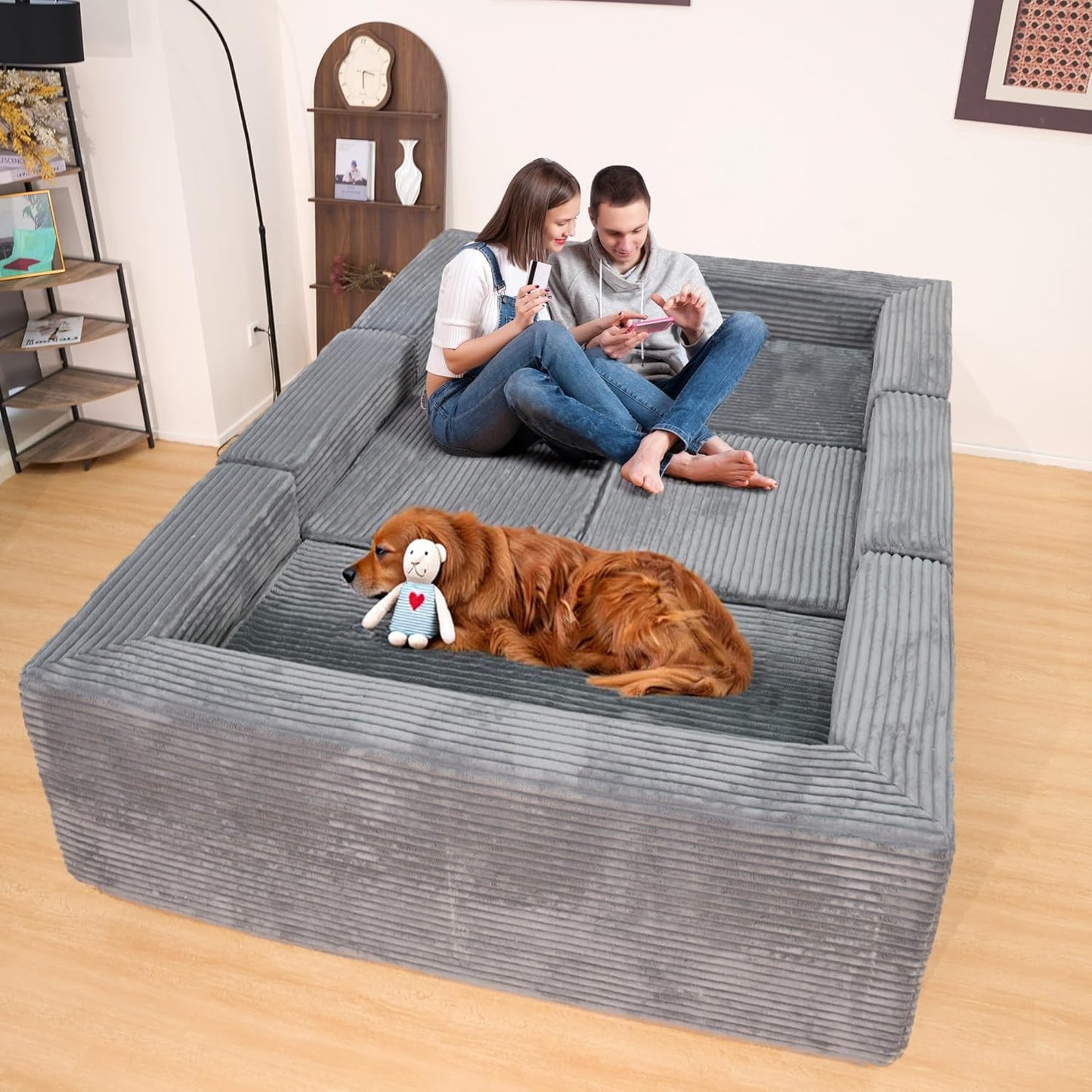 KEIKI 135" U Shape Sectional Sofa,6-Seater Modular Couch with Striped Corduroy Fabric for Living Room,Customizable Design