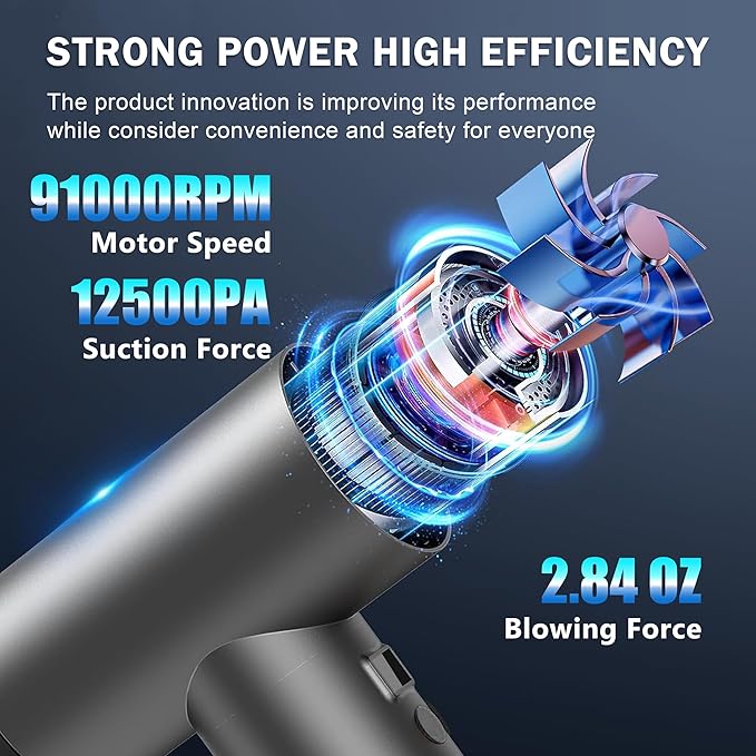 Electric Air Duster Rechargeable 2-in-1 91,000 Super Power Air Blower Cordless with Car Vacuum and LED Light, 7500mAh Battery Electric Duster for PC, Keyboard, House, Car Cleaning - Black