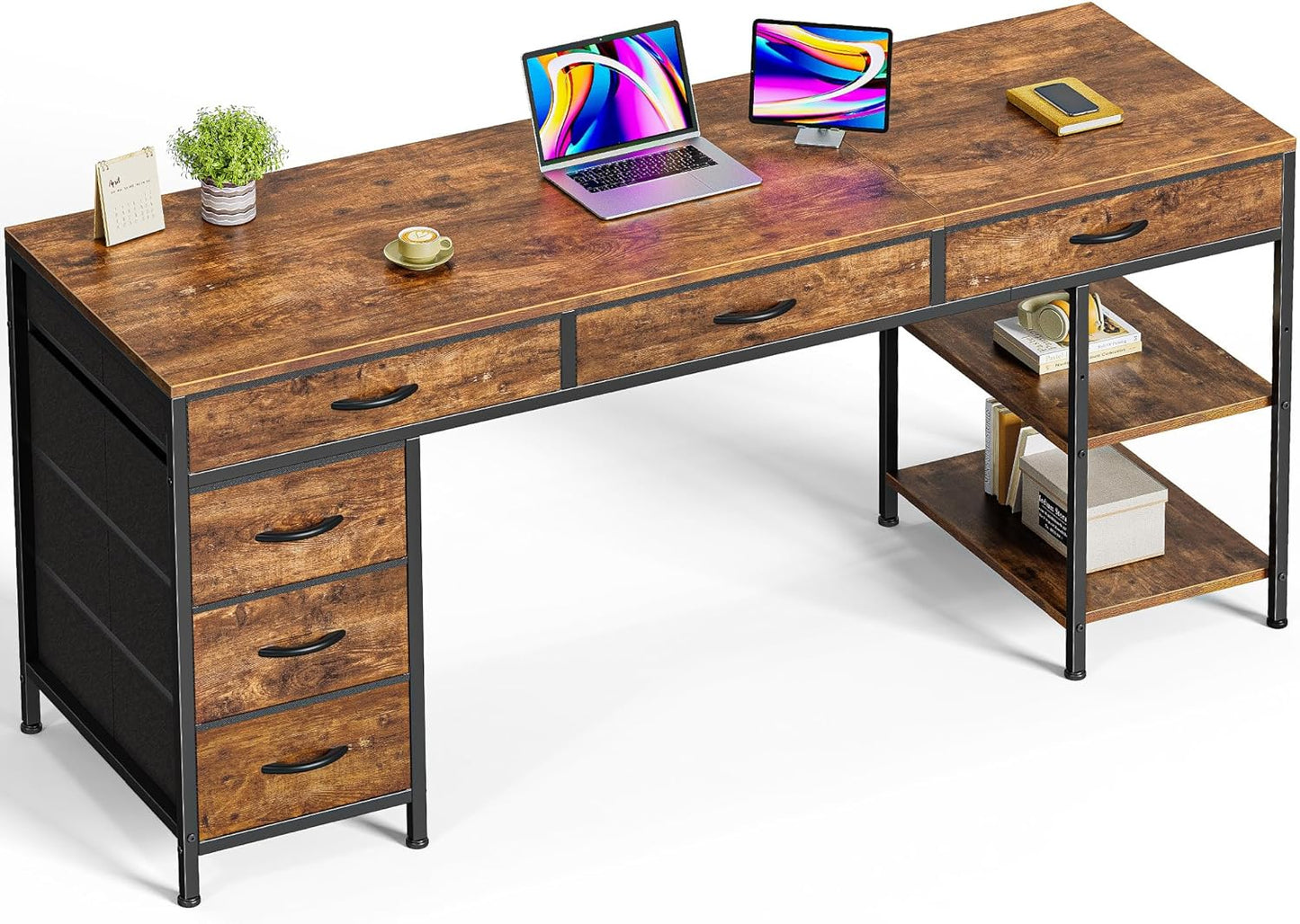 Huuger Computer Desk with 6 Drawers, 63 Inch Office Desk with Shelves, Reversible Gaming Desk, Corner Desk with Storage, for Home Office, Study, Living Room, Rustic Brown