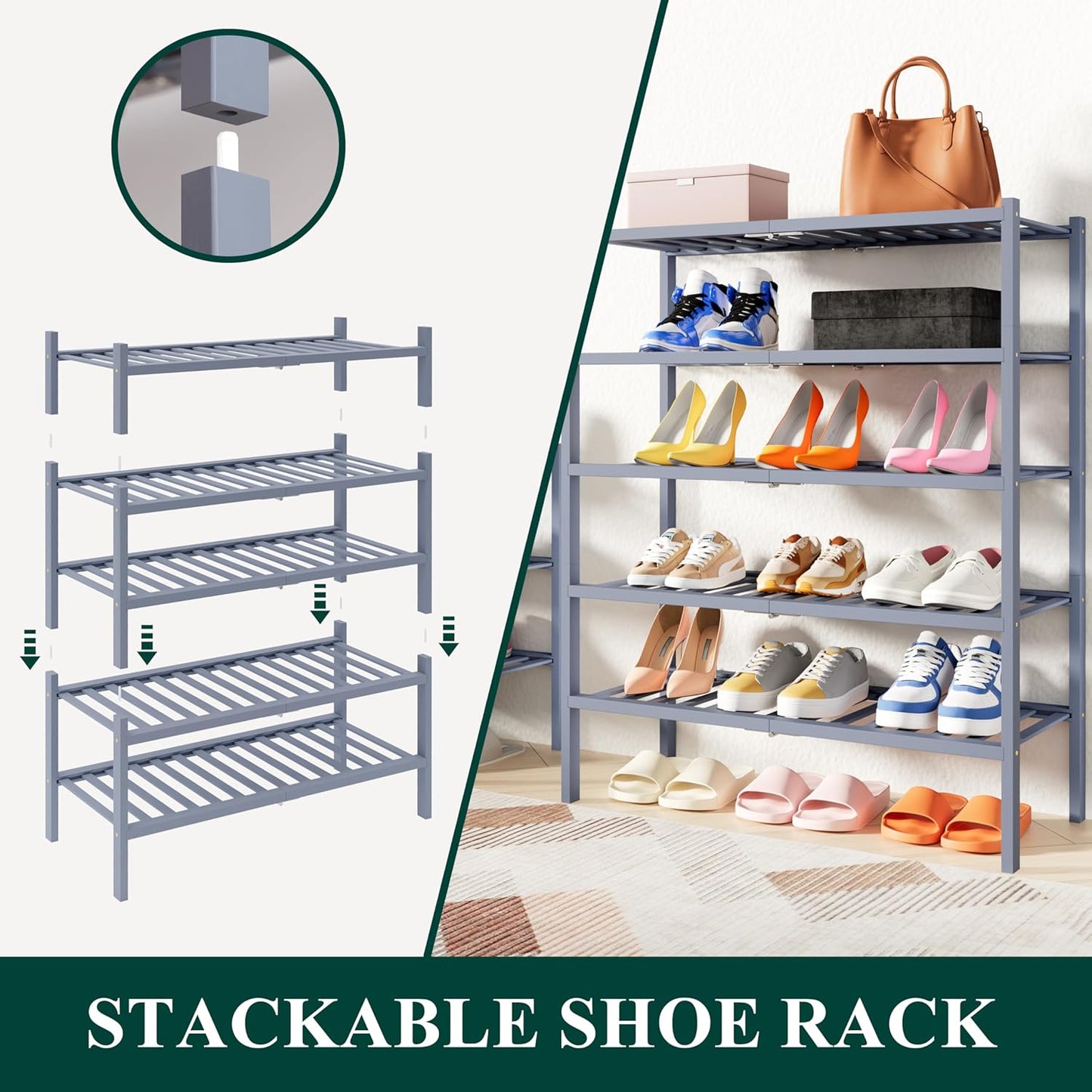 Smiry Shoe Rack, 5 Tier Thick Bamboo Shoe Organizer, Stackable Free Standing Wooden Shoe Storage Shelf for Closet, Entryway, Front Door Entrance, Grey