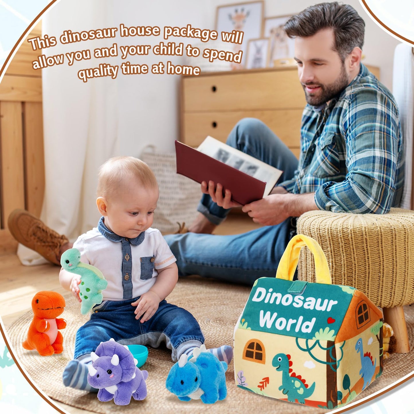 LaRandom 5 Pcs Dinosaur Plush Toys Set with Carry House, 4 Small Stuffed Dinosaurs and Playmat Bag for Dino Birthday Party Favors Goodie Bag Fillers Stocking Stuffers Classroom Prize Gifts