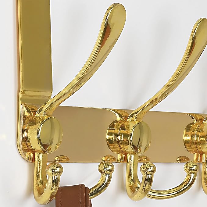 Dseap Over The Door Hook Hanger - 5 Tri Hooks, Heavy Duty Over The Door Towel Rack Coat Rack for Clothes Hat Towel, Gold, 2 Packs