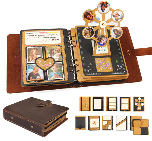 Handmade Genuine Leather Scrapbook Photo Album – DIY 3D Interactive Memory Book for Wedding, Baby, Family Photos (Travel, Anniversary, Birthday Gift)- D.Brown