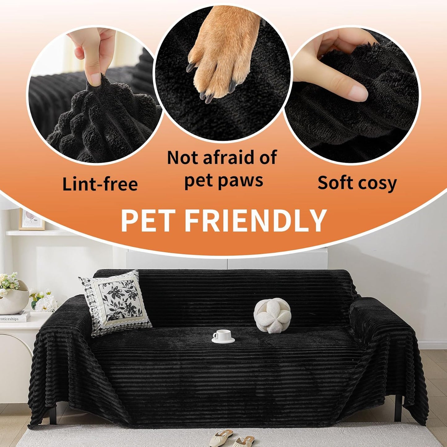 HAOMAIJIA Faux Fur Sofa Covers Couch Covers for 3 Cushion Couch Sofa Pet Friendly Soft Non Slip Couch Cover for Dogs Washable Sectional Couch Covers L Shape Furniture Protector (Black, 71"x150")