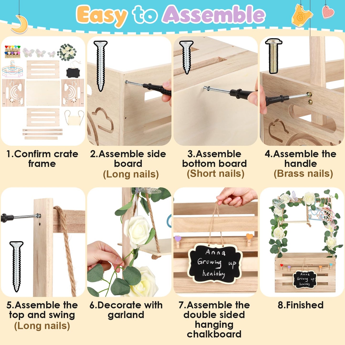 ELESTONE Wooden Baby Shower Crate Closet with Handle, Hangers & Garland, Large Capacity Baby Basket for Baby Shower, Customizable Wooden Crate Box Newborn Parents Welcome Gift (Natural Wood)