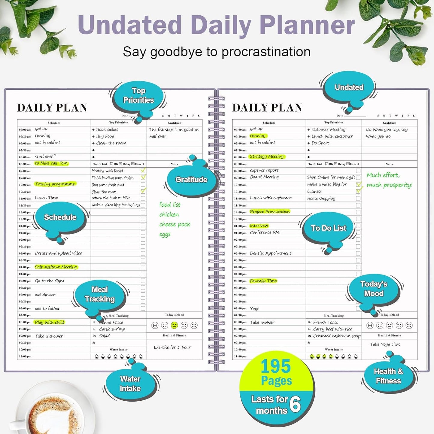 Planner Undated, Asten Daily Planner Agenda with To Do List, Hourly Planners for Women and Men, Spiral Appointment Book Planners Notebook with Elastic Closure, Day Planner for ADHD 8.5" x 11" (Purple)