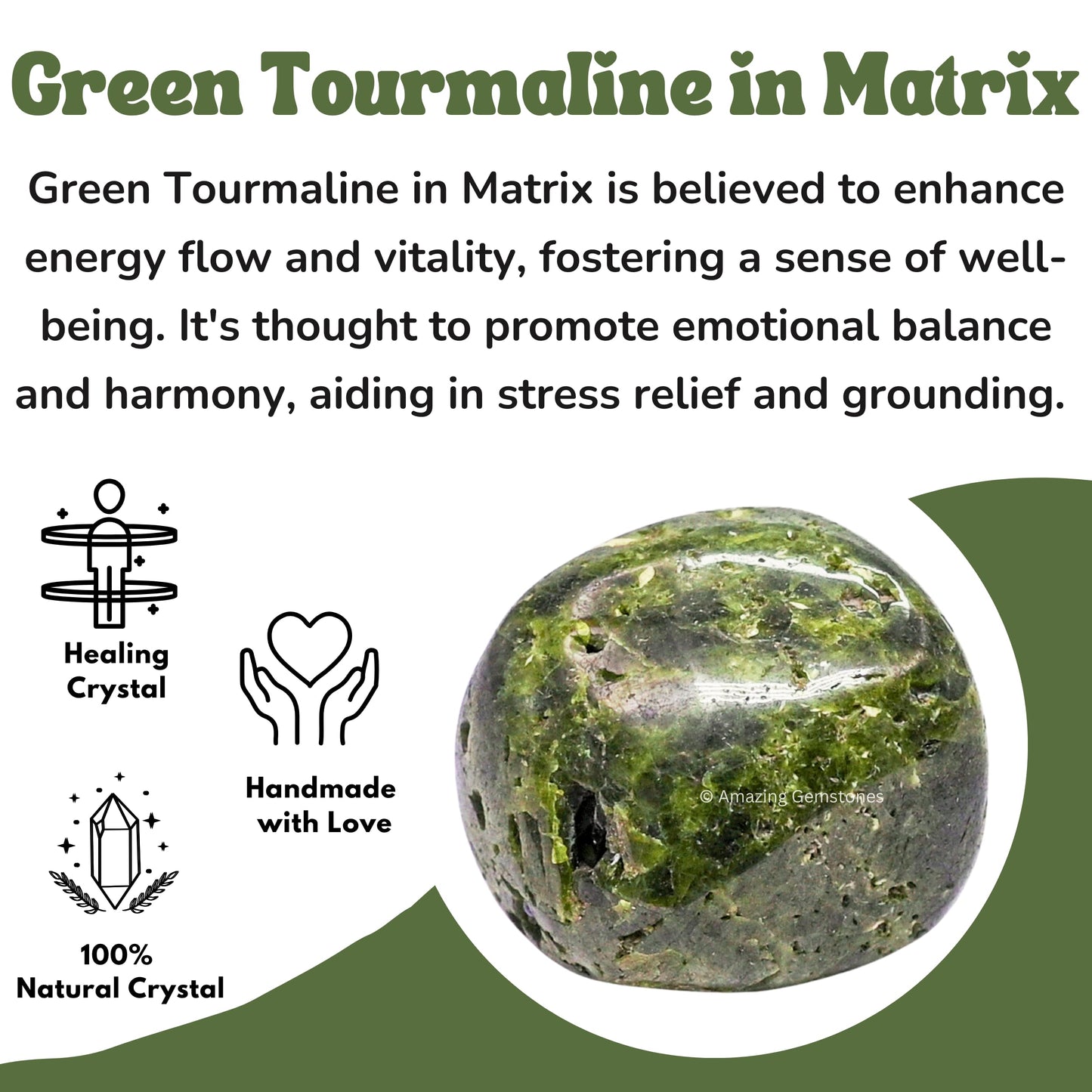 Amazing Gemstone Green Tourmaline with Matrix Crystal Tumbled Stones Polished Rocks - Natural Gem Stones for Healing - DIY Crystals for Protection (1 Piece)