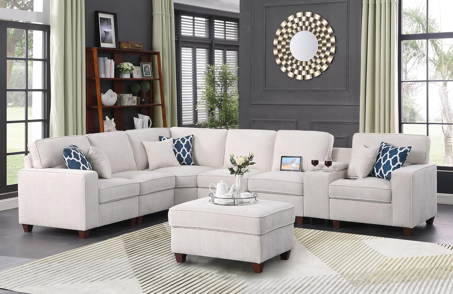 127" L-Shaped Sectional Couch with Movable Ottoman & 6 Throw Pillows,7 Seat Chenille Upholstered Sofa W/2 Cup Holder,USB Port & Hidden Storage Box,DIY Combination,for Living Room,Apartment,Beige