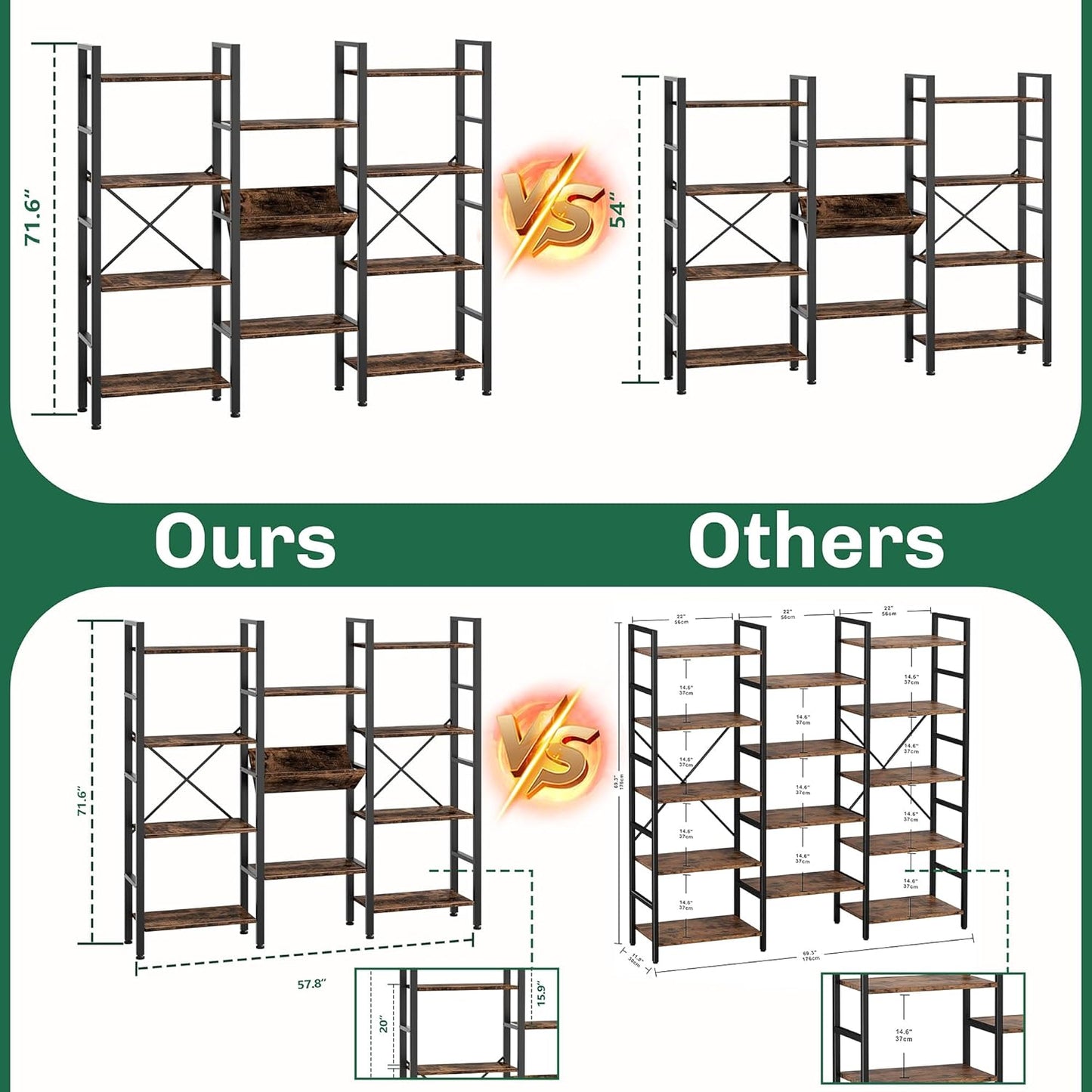 Shintenchi Industrial Bookcase,71.6” Triple 4 Tier Bookshelf with 11 Open Display Shelves,Large Etagere Bookshelf Open Record Player Shelves,Wide Book Shelf Book Case for Home & Office,Rustic Brown
