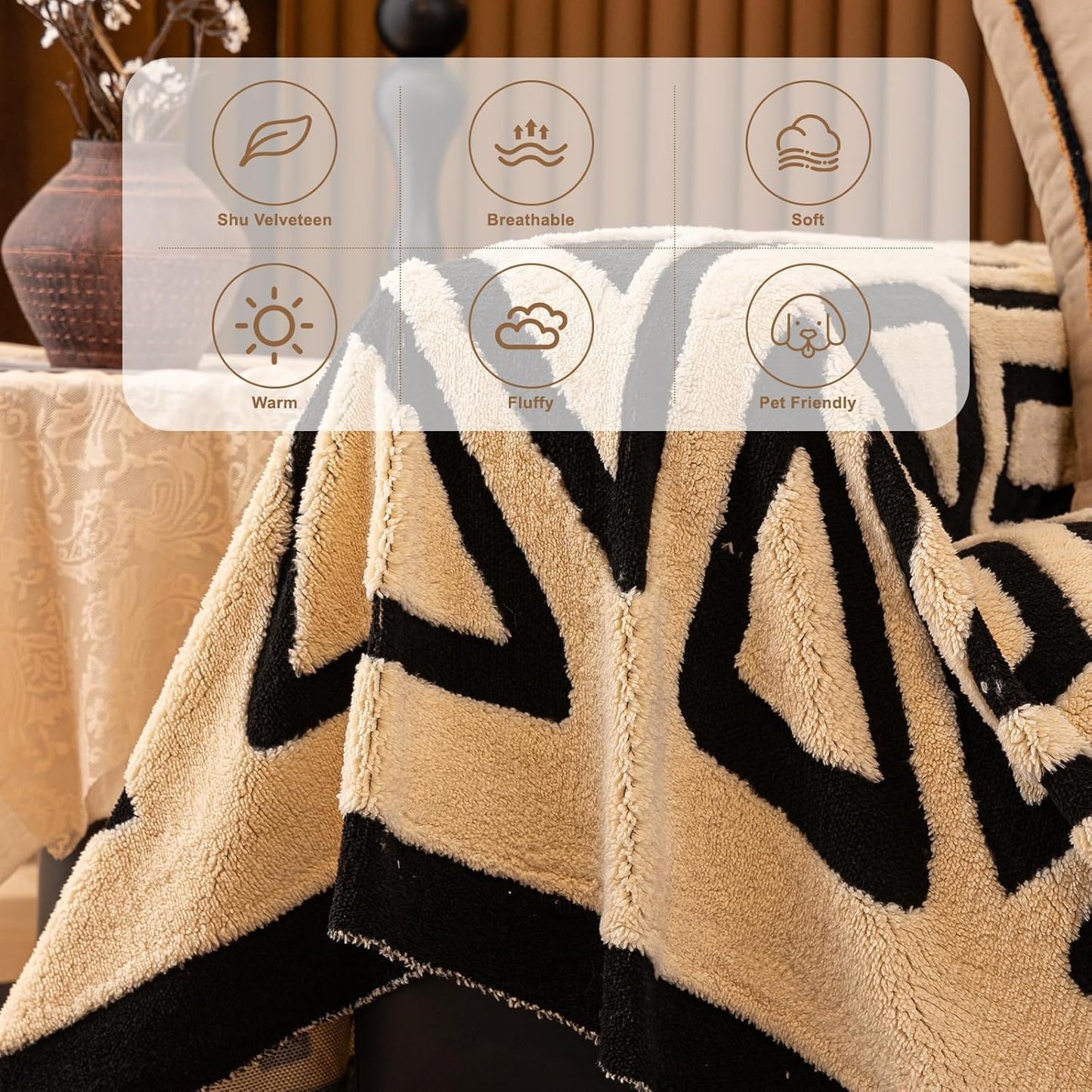 HANDONTIME Boho Sofa Covers for Dogs - Black and White, Beige Velveteen Couch Covers for 3 Cushion Sectional L-Shaped Couch - 71" x 150"