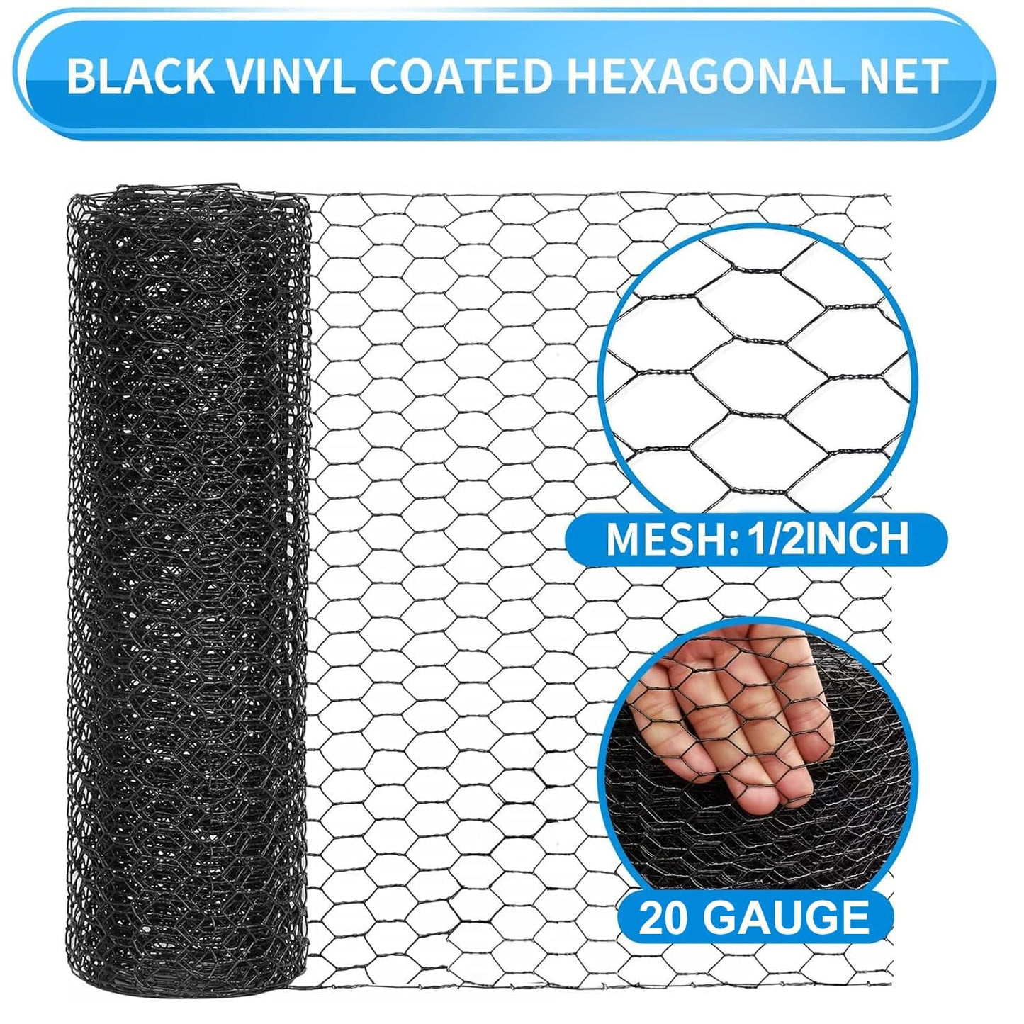 DOLEMODUO 1/2 Inch Black Wire Mesh Roll - 12'' x 50' Chicken Wire Fence, 20 Gauge Hardware Cloth Poultry Netting for Garden/Animal Barrier/Rabbit/Floral/Chicken Coop/DIY Projects