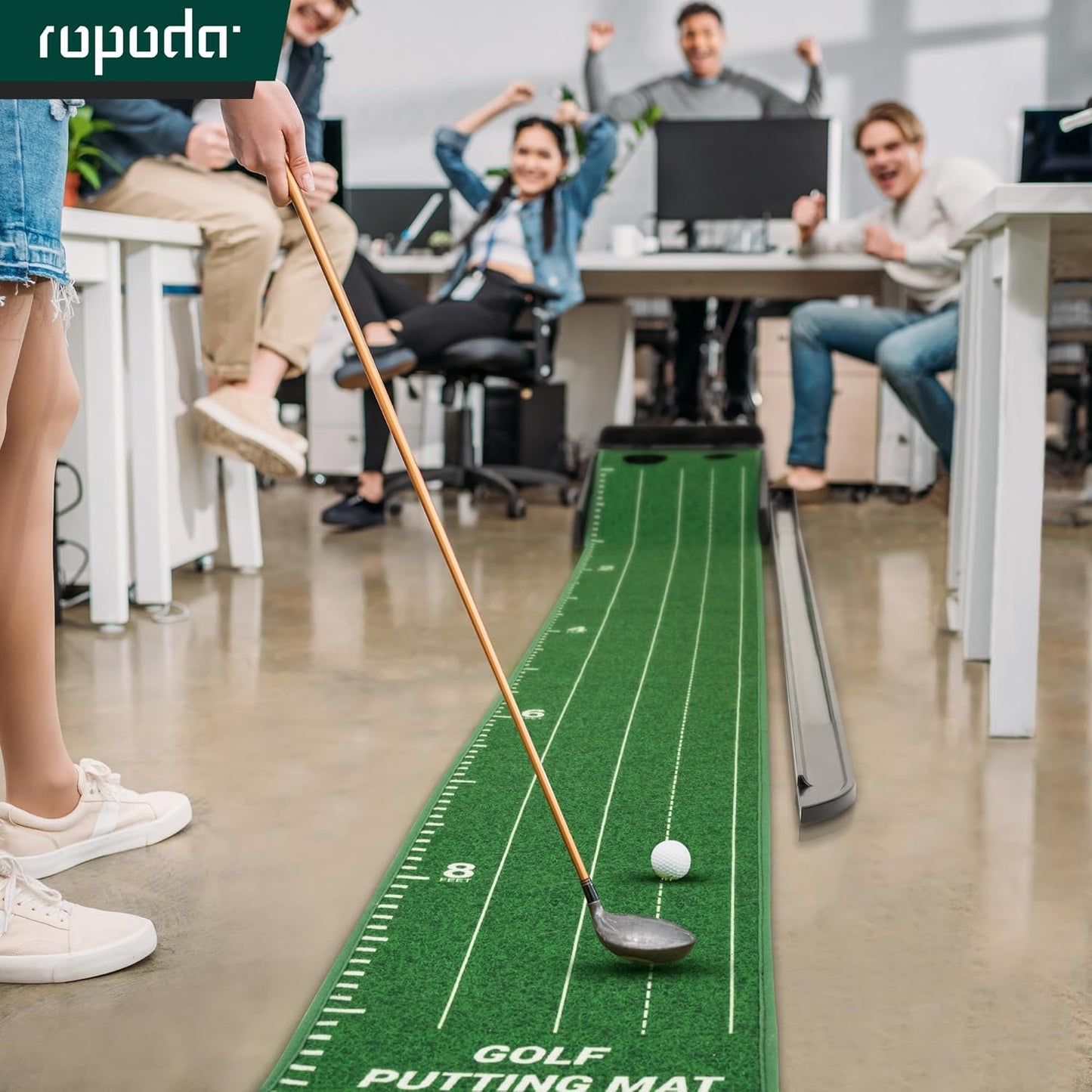 ropoda 9ft Upgraded Golf Putting Green, Portable Putting Mat for Home and Office with Update Auto Ball Return Function, Golf Practice Putting Mat Aid for Indoor and Outdoor Use