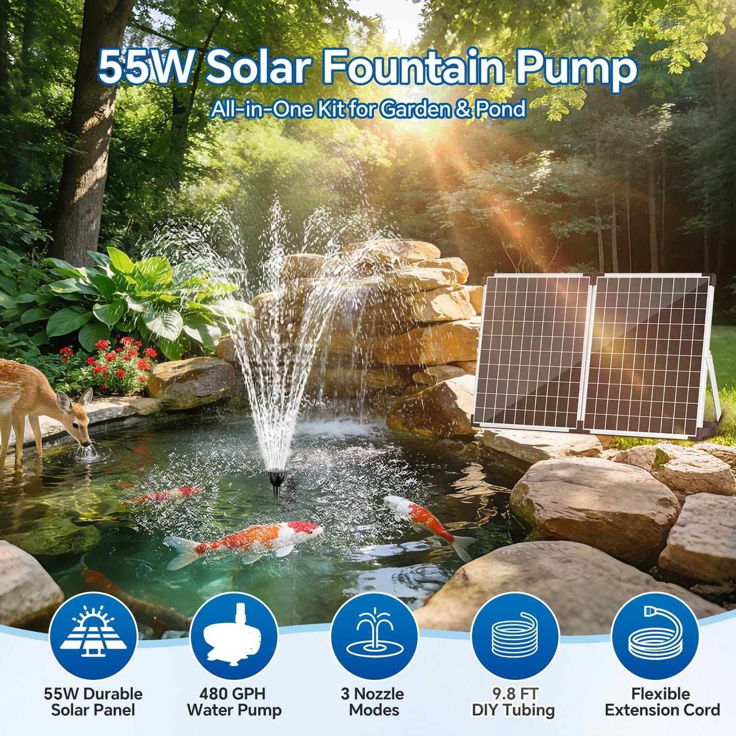 NFESOLAR 55W Solar Fountain Pump, 580GPH Solar Pond Pump with Dry-Run Protection, Foldable Solar Panel, 16.5FT Cord, 10FT Extension Cable, PVC Tubing for Outdoor Ponds, Waterfall, Garden, Hydroponics