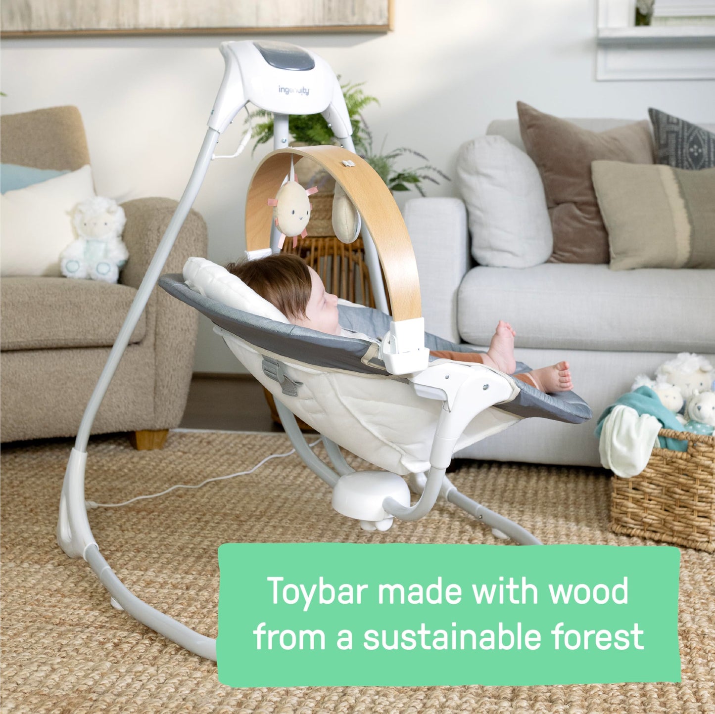 Ingenuity SimpleComfort Compact Baby Swing, Rotating Seat Swings in 3 Directions, 6 Speeds, 8 Melodies & 3 Nature Sounds, Ages 0-9 Months, Up to 20 Pounds - Parker