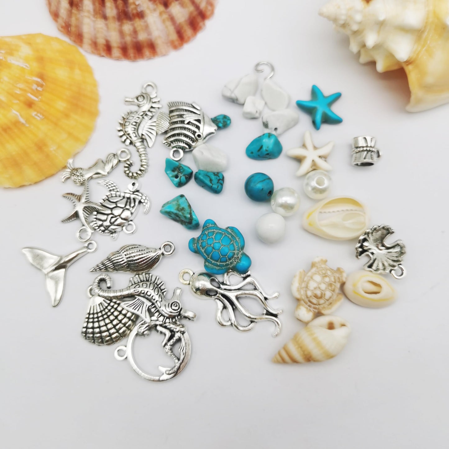 Julie Wang 422PCS Mixed Beach Ocean Jewelry Making Kit, Man-made Turquoise Starfish Turtle Beads Charm & Antique Silver Alloy Sea Animal Pendants, for Bracelet Necklace Earring Craft DIY Supplies