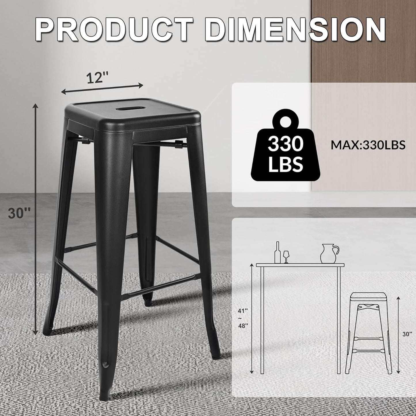 30 Inches Metal Bar Stools, High Backless Stools, Indoor Outdoor Stackable Kitchen Stools, Set of 4, Dark