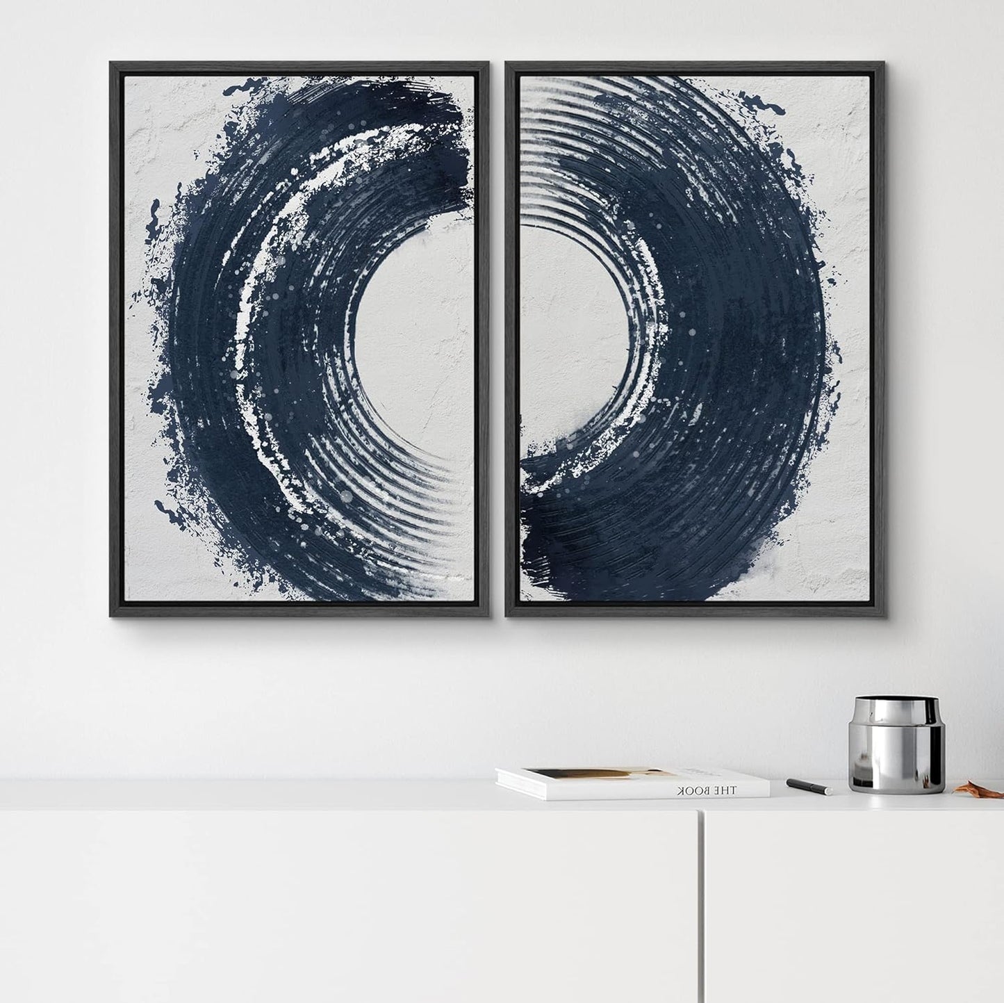 SIGNWIN Framed Canvas Print Wall Art Set Black Gray Pastel Paint Stroke Spiral Ring Abstract Shapes Illustrations Modern Minimal Decorative for Living Room, Bedroom, Office - 24"x36"x2 Black