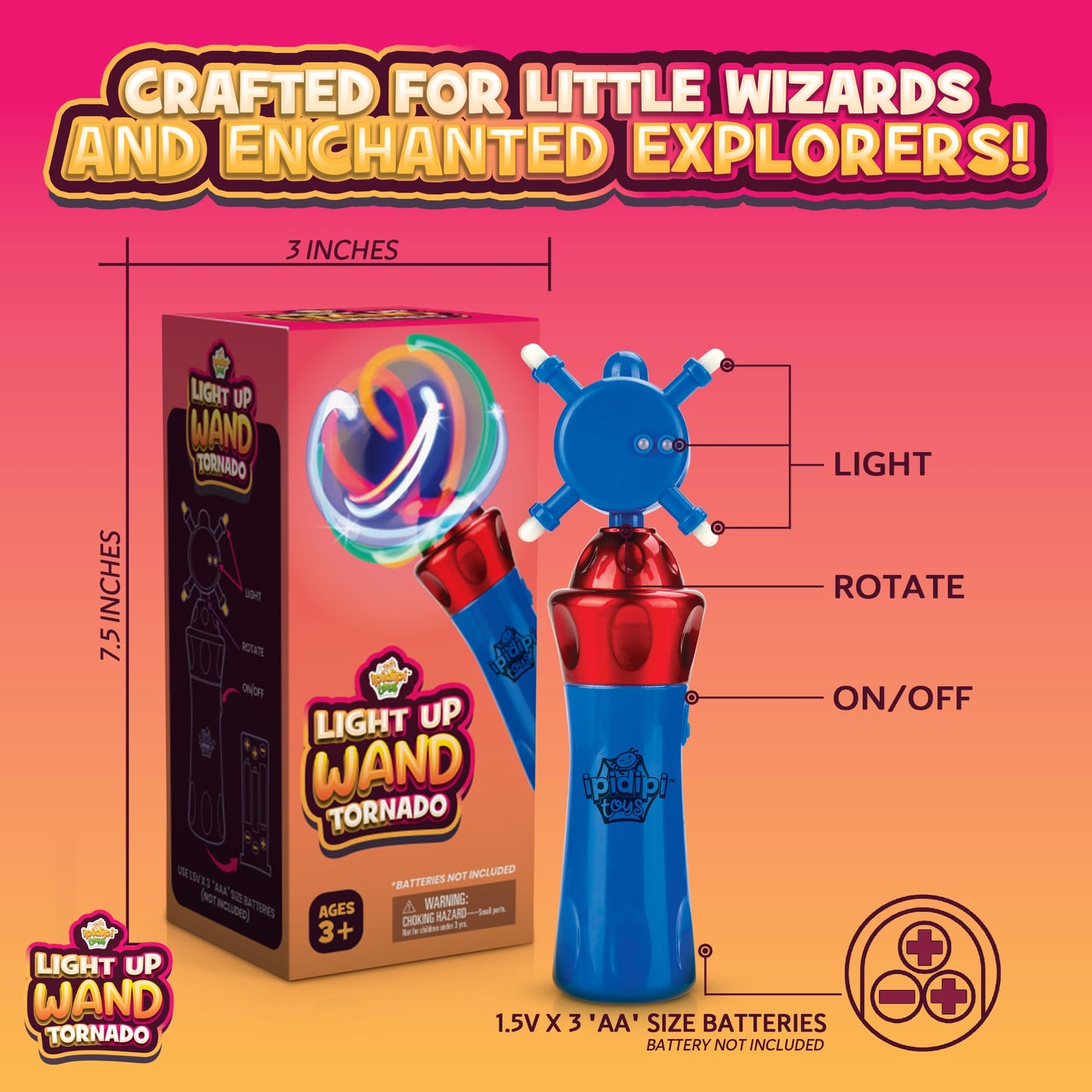 IPIDIPI TOYS Spinning Light Up Wand for Kids – LED Magic Swirling - Easter Basket Stuffers, Goodie Bag Toys - Ideal Gift, Birthday Party Favors for Boys & Girls