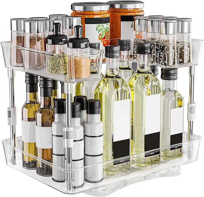 360° Rotating Lazy Susan Turntable Organizer Spice Rack, 2 Tier Height Adjustable Rotating Spice Organization for Cabinet, Seasoning Organizer for Countertop, Pantry