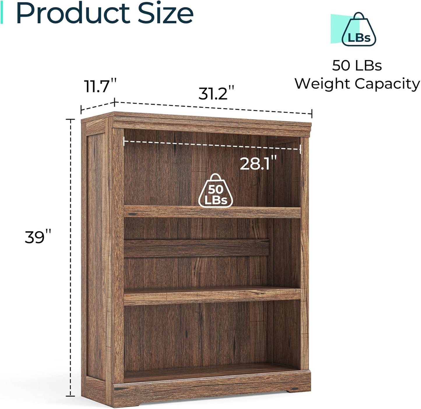LINSY HOME 3-Tier Bookcase Display Storage Shelves Farmhouse Bookshelf for Home Office, Living Room, Bed Room - Dark Brown