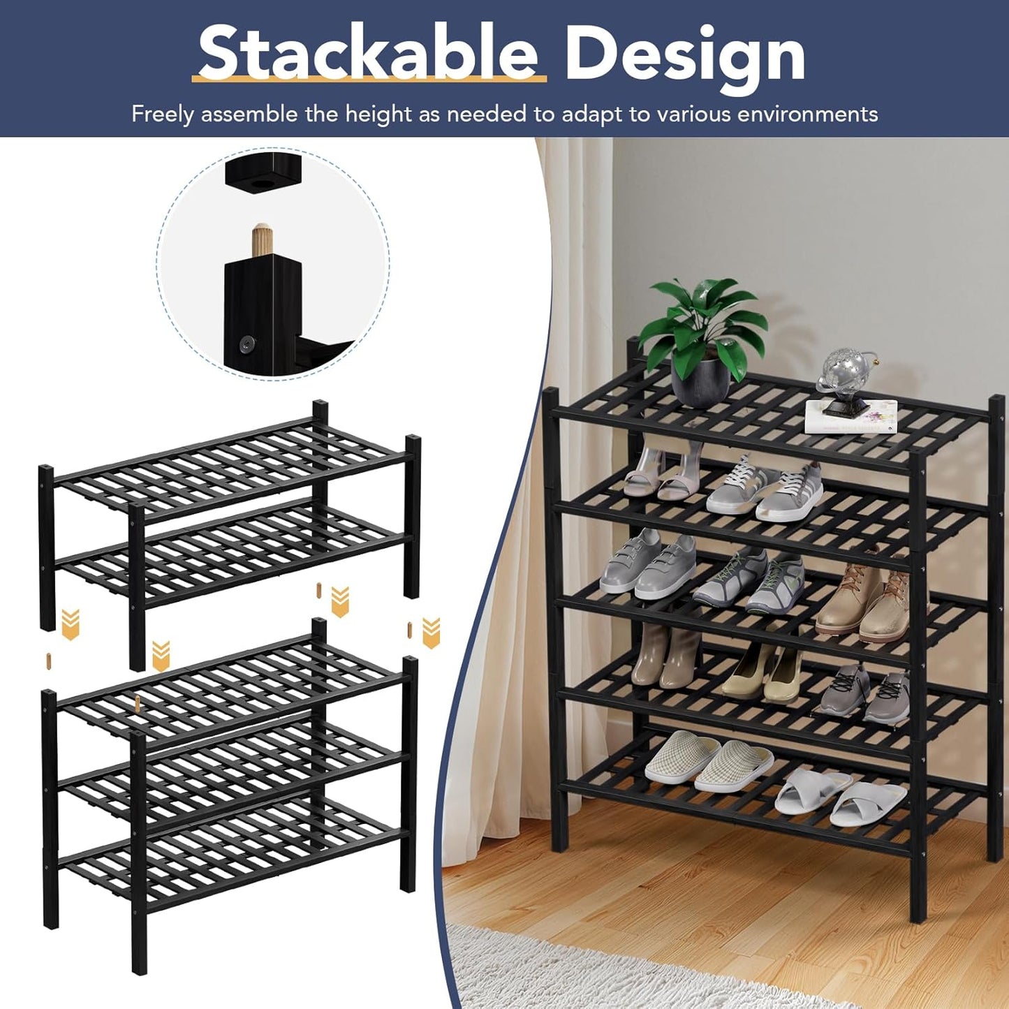 Haddockway 4 Tier Bamboo Shoe Rack Storage Organizer, Multifunctional Free Standing Stackable Shoe Shelf with Grid Panel for Closet,Hallway,Entryway,Small Space 27"x11"x26" (Black, 4 Tier)