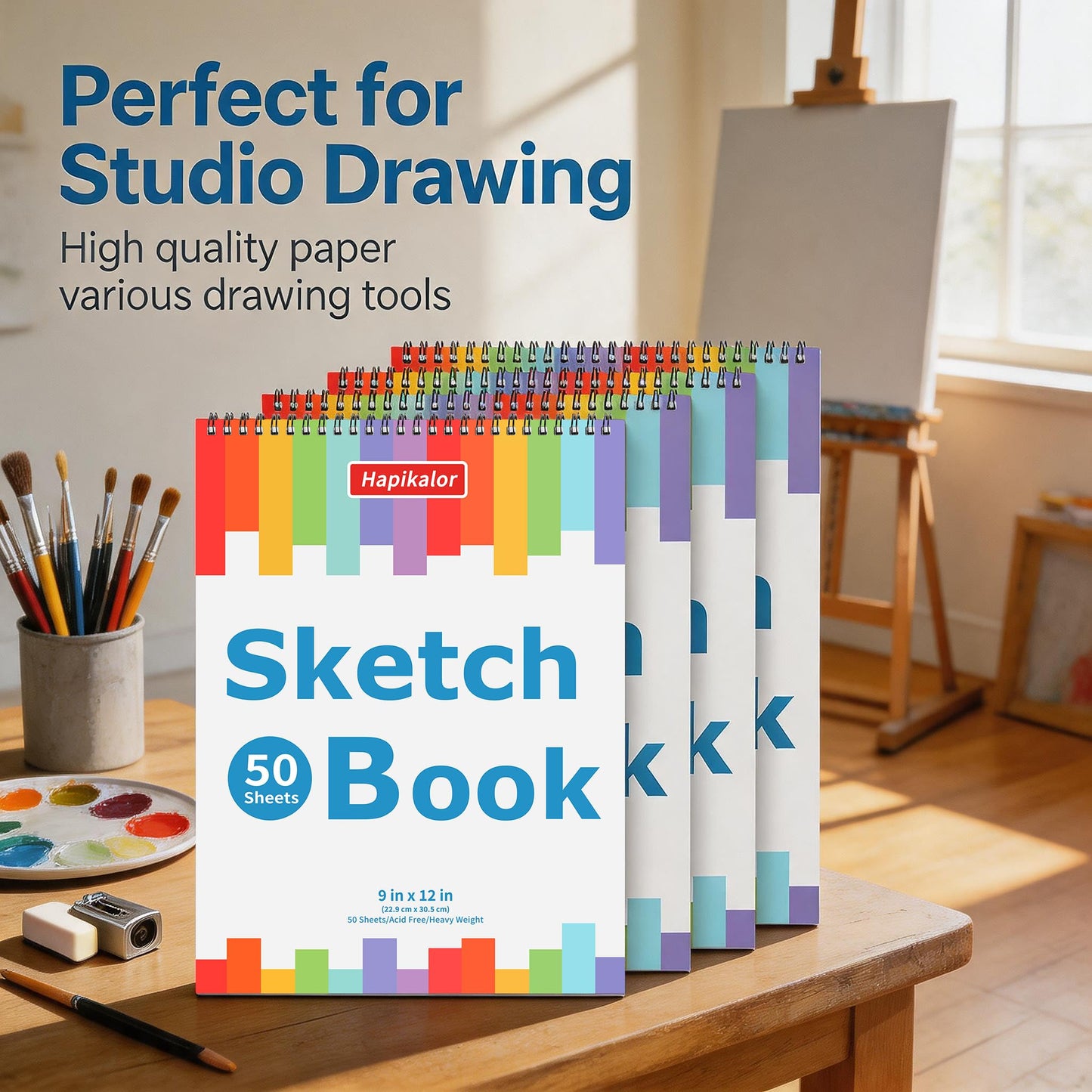 4 Pack 9x12 Sketch Book Spiral Bound, 50 Sheets Each 100gsm/68lb Acid-Free Drawing Paper, Lay-Flat Art Sketch Pad for Dry Media, Pencil, Charcoal, Sketching & Practice, School Supplies for Kids Adults