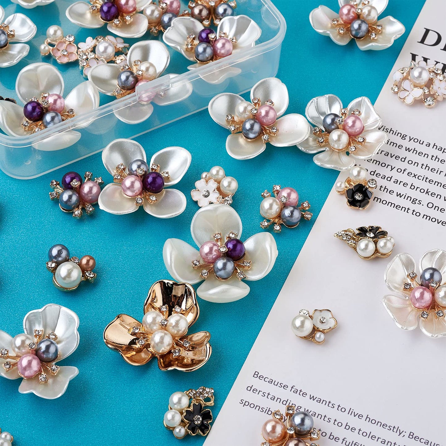 Craftdady 38pcs Rhinestone Pearl Embellishments Mixed Colors Faux Pearl Flower Flatback Cabochon Buttons for Brooches Hairband Jewelry Crafts Making
