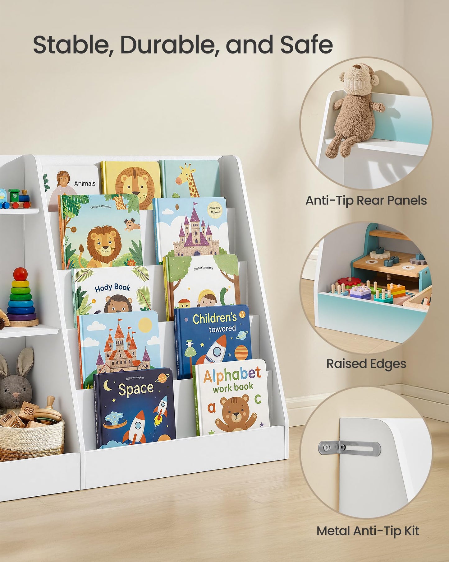 SONGMICS Book and Toy Storage Organizer, 5-Tier Montessori Kids Bookshelf and Toy Storage Shelf, for Children's Room, Reading Nook, 11.8 x 40.8 x 31.5 Inches, Cloud White UGKR077WZ01