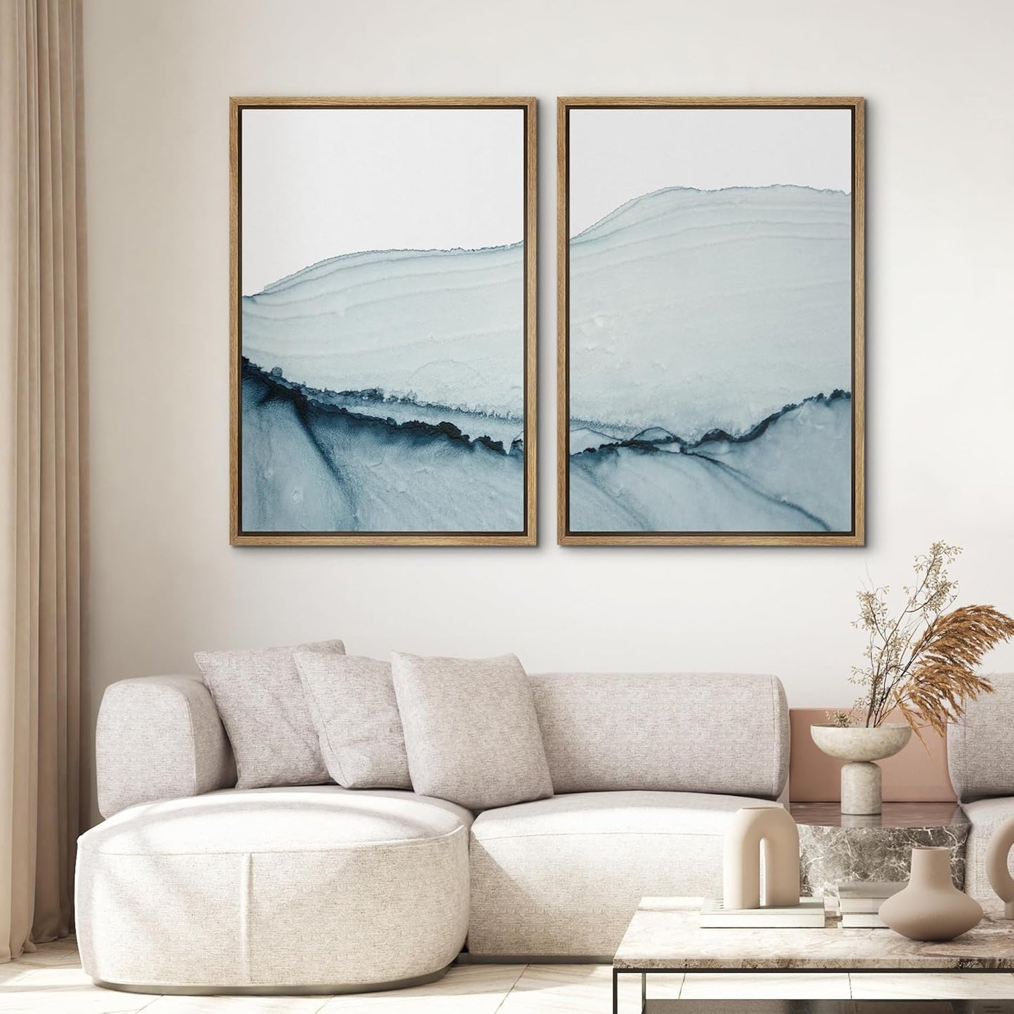 SIGNWIN Framed Wall Art Print Set Blue Paint Stroke Wave Collage Abstract Shapes Illustrations Modern Art Rustic Relax/Calm Multicolor for Living Room, Bedroom, Office - 24"x36"x2 Natural