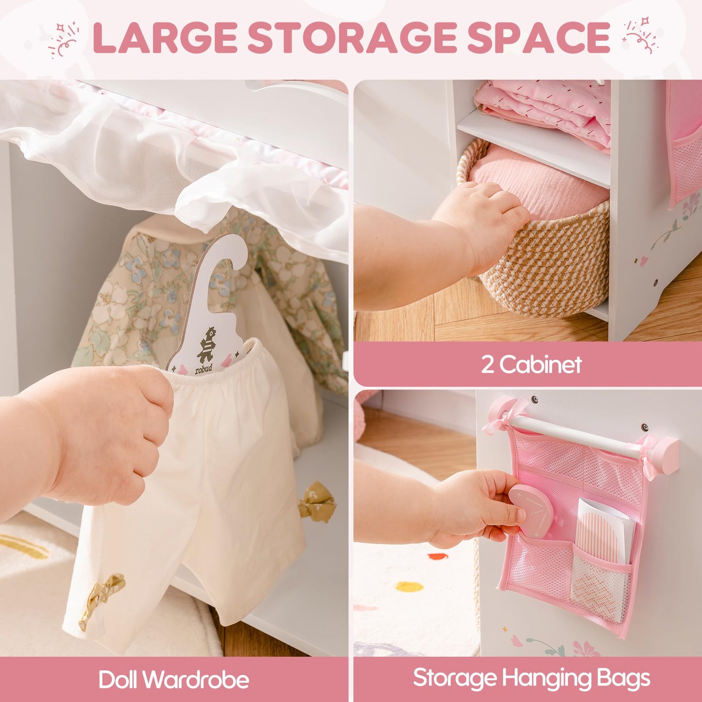 ROBUD Baby Doll Crib, Wooden Doll Bed, Baby Crib Toy with Storage, Bedding, Storage Bag and 3 Hooks, 18-21 inch Doll Accessories, Girl Doll Furniture Ages 3+ (White)