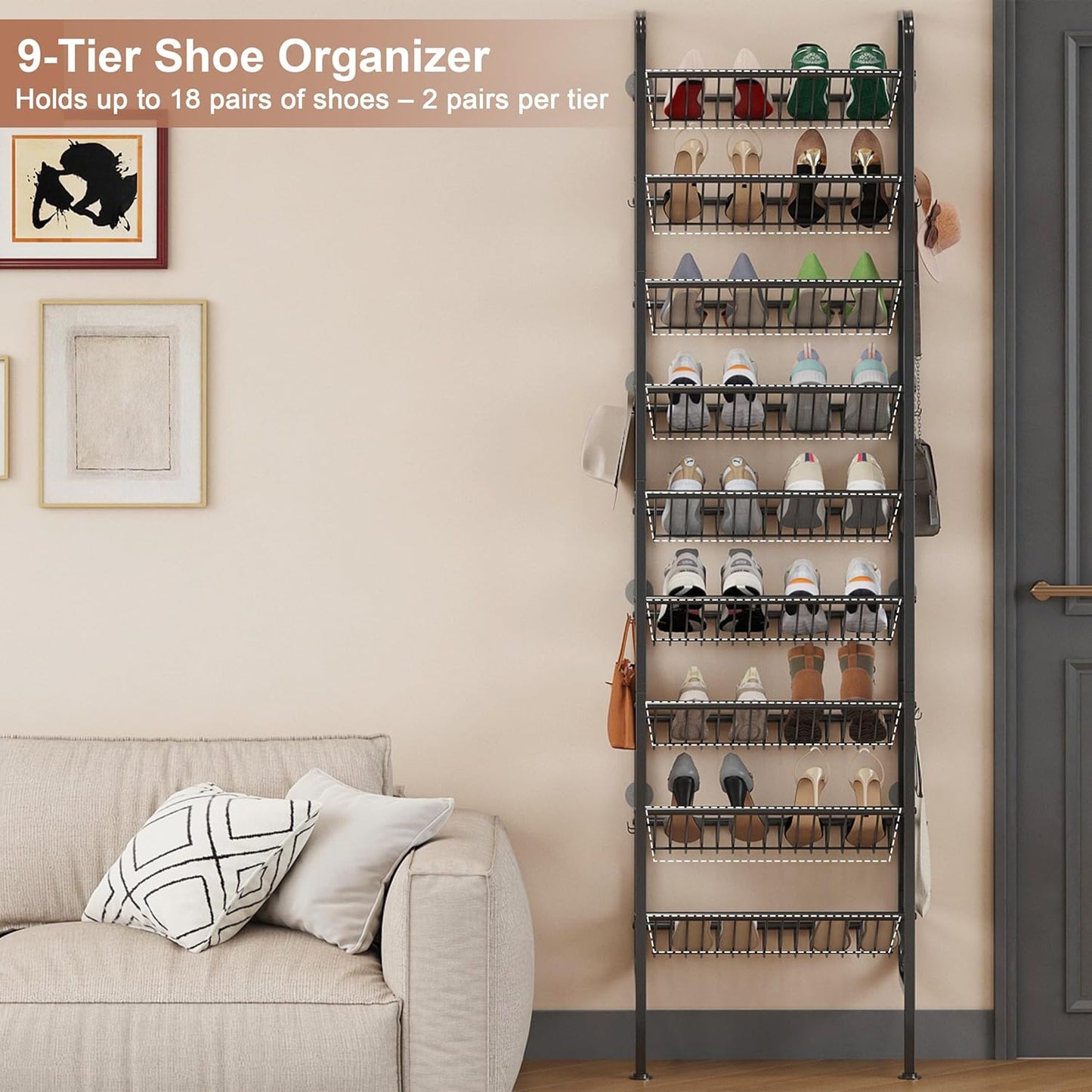 UMDONX 9 Layer Shoe Rack for 18 Pairs Shoes, Freestanding Shoe Organizer with 12 Hooks & 8 Adhesive Pads, Space-Saving Vertical Storage for Entryway and Walk-in Closet