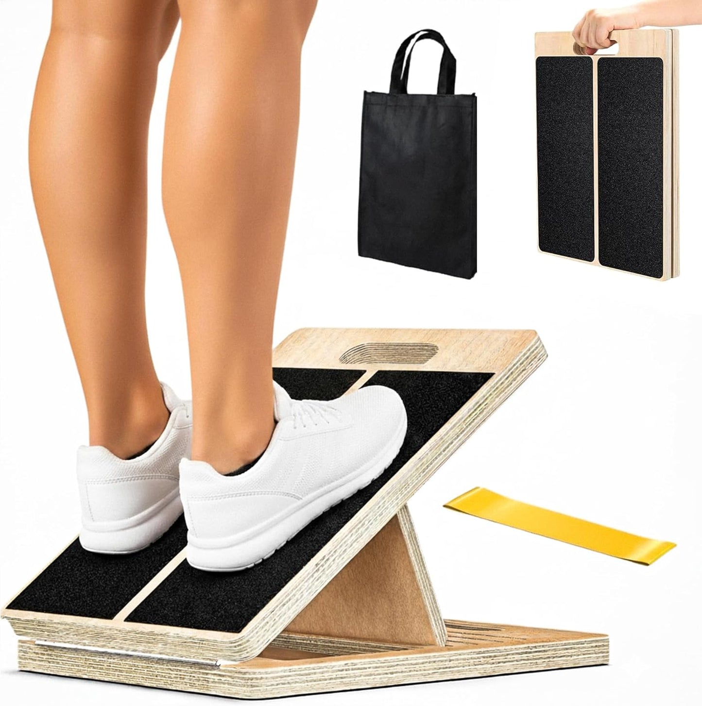 Adjustable Wooden Slant Board for Calf Stretching, Squats & Physical Therapy – Portable Incline Stretch Board for Ankle, Knee, Heel & Foot Mobility with 2 Extra Sand Papers, Carry Bag & Mini Loop Band