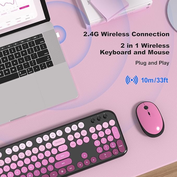 Wireless Keyboard and Mouse Combo, 104 Keys Full Size Typewriter Keyboards, 2.4G USB Plug and Play for Windows 7 8 10 11, PC, Laptop, Desktop, Black & Pink