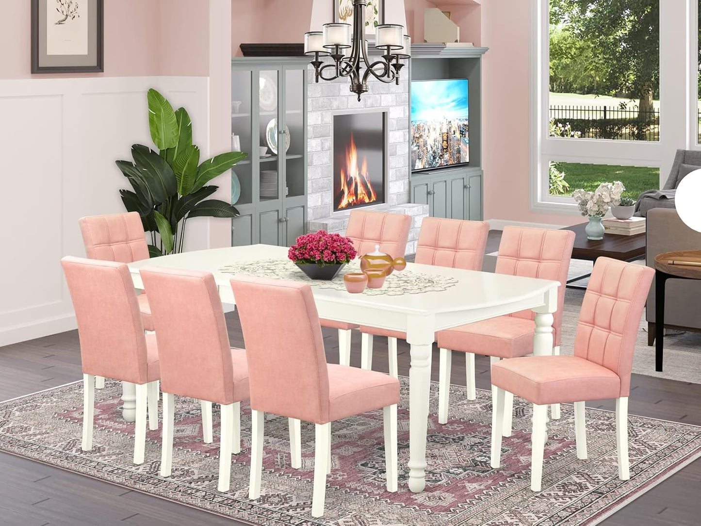 East West Furniture DOAS9-LWH-42 9 Piece Modern Dining Table Set Contain A Wooden Table and 8 Beige Red Polyester Fabric Parson Kitchen Chairs with Stylish Back- Linen White Finish