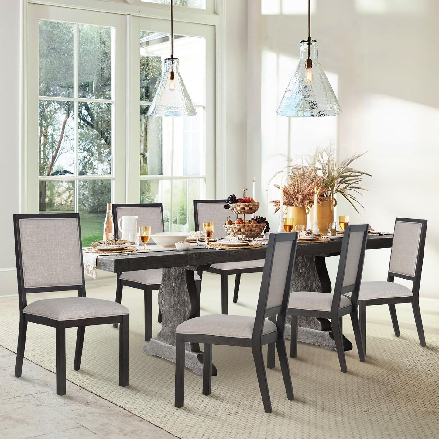 COLAMY Upholstered Wooden Dining Chairs Set of 6, Kitchen Chairs with Open Back, 19 Inch Mid Century Modern Dining Room Chairs, Farmhouse Dining Side Chairs for Dining Room Kitchen Restaurant, Brown