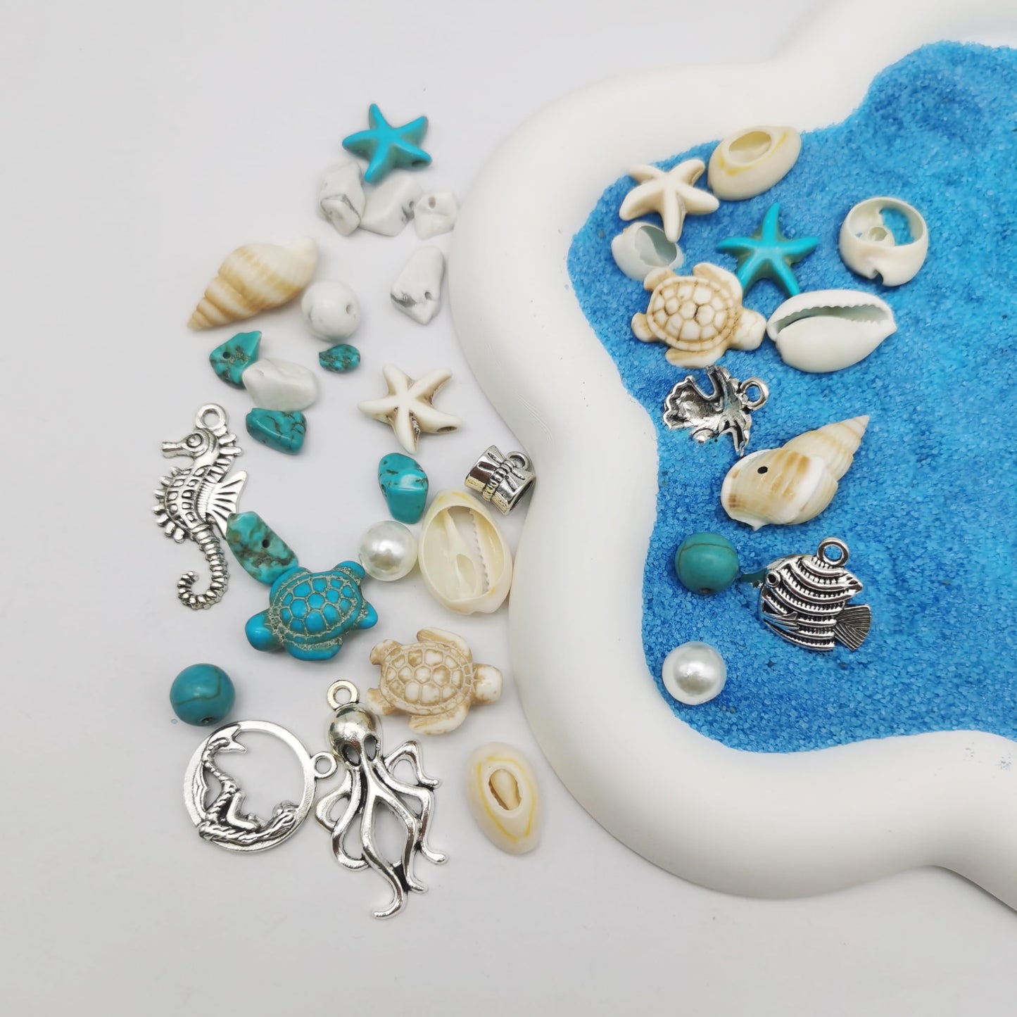 Julie Wang 422PCS Mixed Beach Ocean Jewelry Making Kit, Man-made Turquoise Starfish Turtle Beads Charm & Antique Silver Alloy Sea Animal Pendants, for Bracelet Necklace Earring Craft DIY Supplies