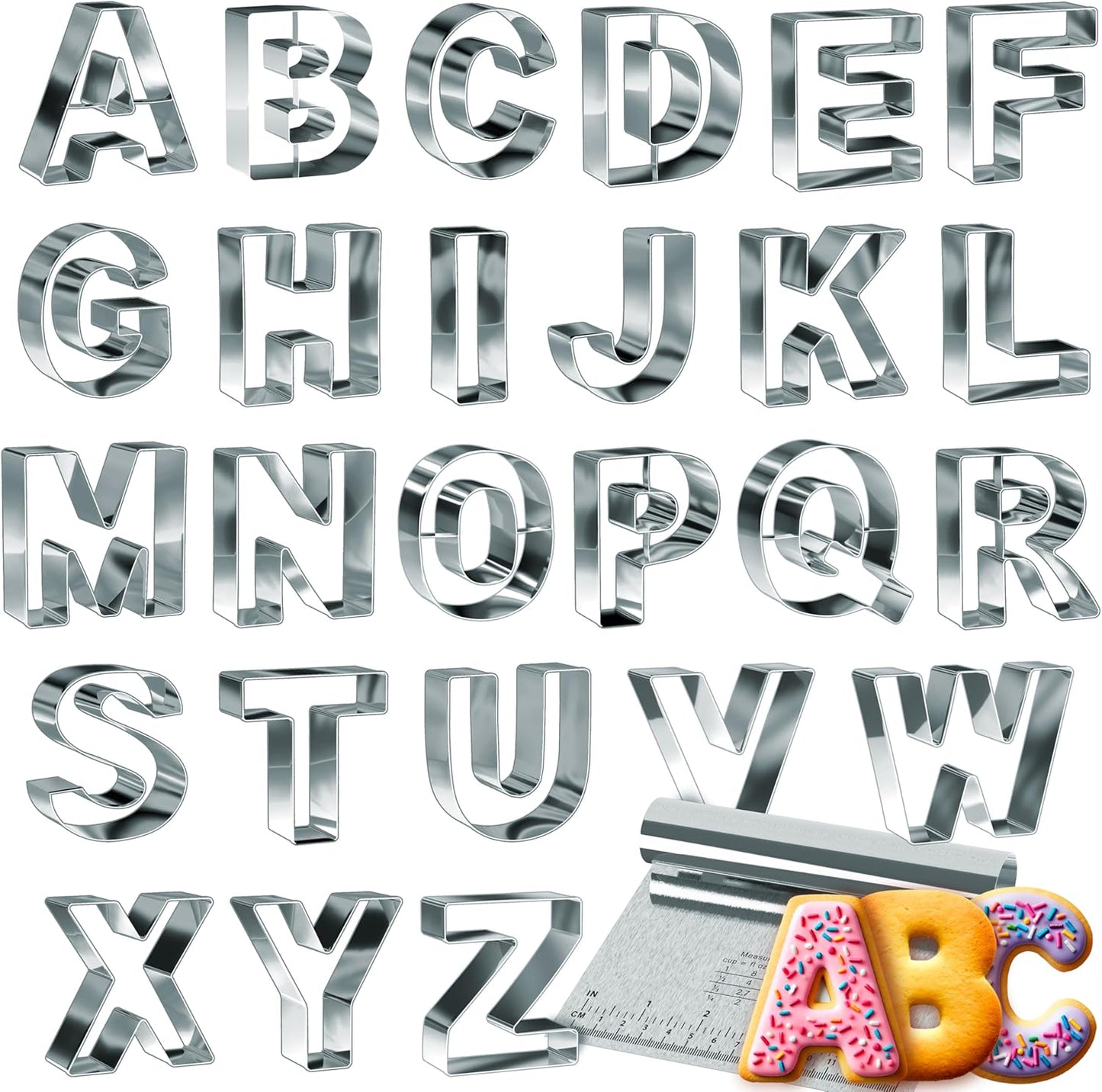 Bakerpan Stainless Steel Alphabet Cookie Cutter Set, Big 3.5 Inch English Letters, 26 Large ABC Cookie Cutters, with Bonus Dough Cutter