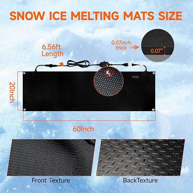 Snow Melting Mats Outdoor 20x60 Inch, Double No-Slip Rubber Heated Driveway Mats for Winter Snow Removal, 2 in/h Ice Melting Mats with Power Cord for Stairs, Walkways, Decks, Roof & Sidewalks,1PC