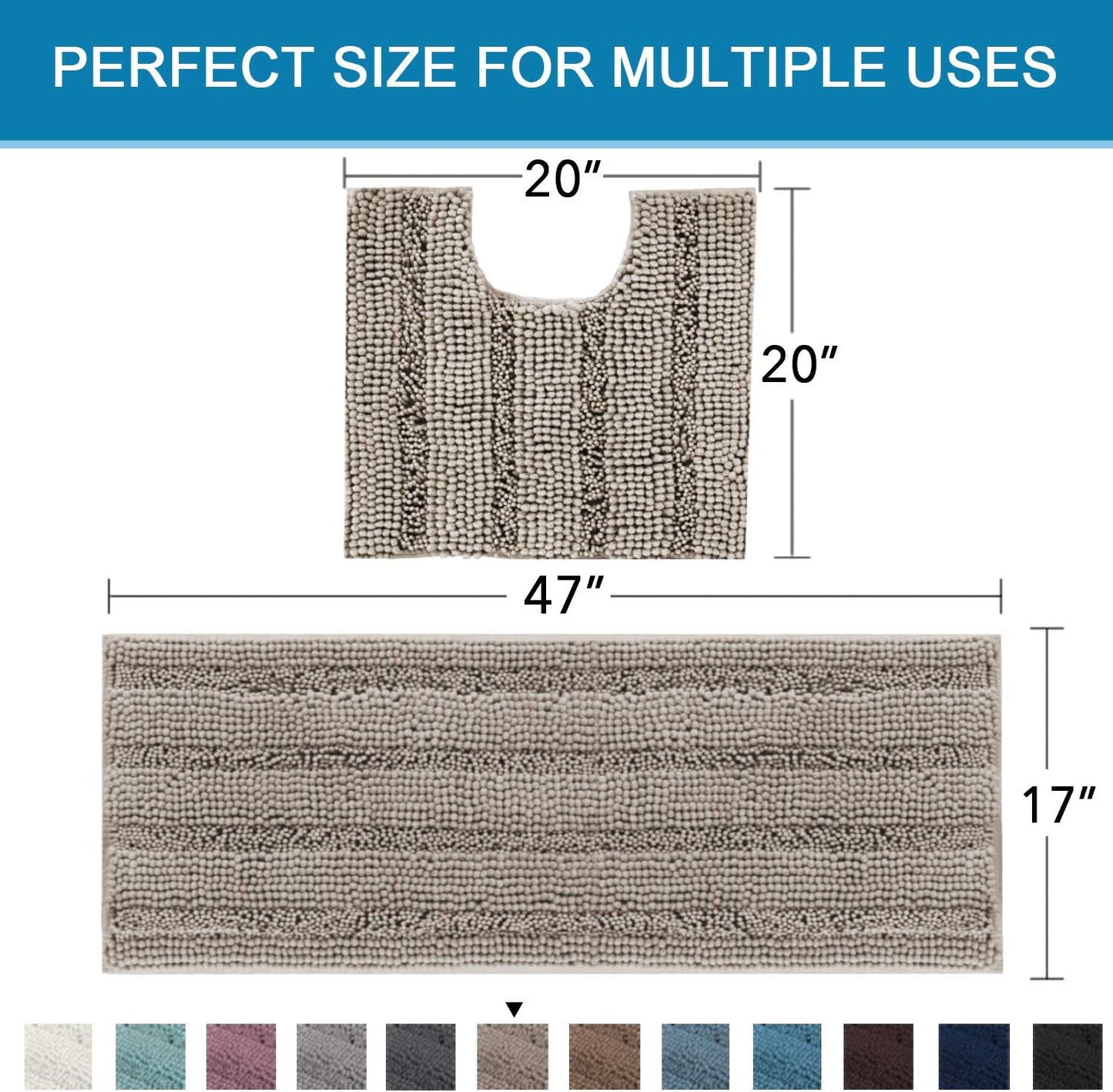 H.VERSAILTEX Bathroom Rugs Bath Rug Set 2 Piece Bathroom Contour Rug Toilet Mat Sets Non Slip Contour Bath Rug Ultra Thick Water Absorbent Striped Bath Mats Washable(47" x 17" Plus 20" x 20" U, Taupe)